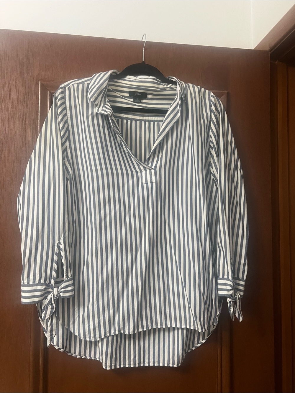 J Crew Striped Buttonless Popover Blouse - White & Navy EUC
